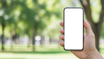 Hand holding modern smartphone with blank screen in vibrant green park.