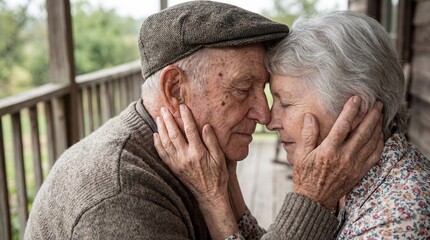 Close-up of an affectionate senior couple embracing, a husband and wife sharing a tender moment with foreheads together.