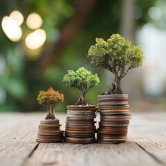 Growing Green Trees on Coin Stacks on Wood Surface Outdoors