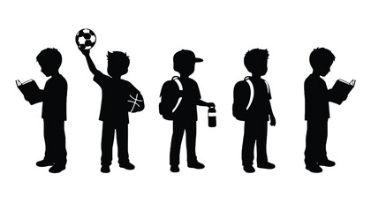 Silhouette of five boys with different activities on transparent background