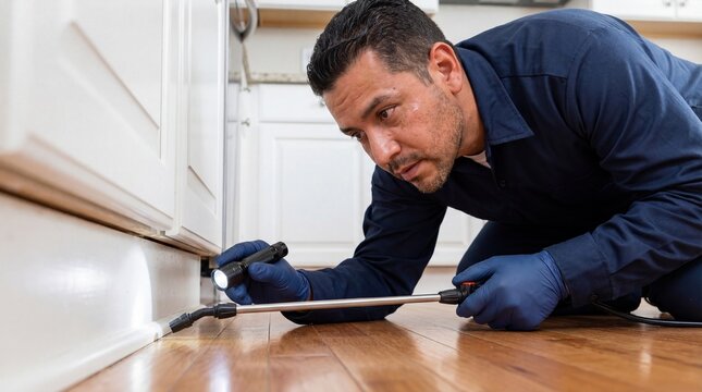 Professional Hispanic male pest control technician kneeling on kitchen floor inspecting baseboards with flashlight and spray wand during home service