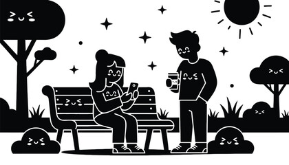A cartoon illustration of a man and woman sitting and standing in a park on transparent background