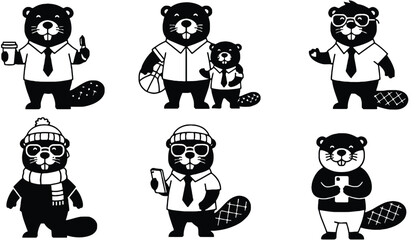 A set of cartoon beavers in various poses on transparent background