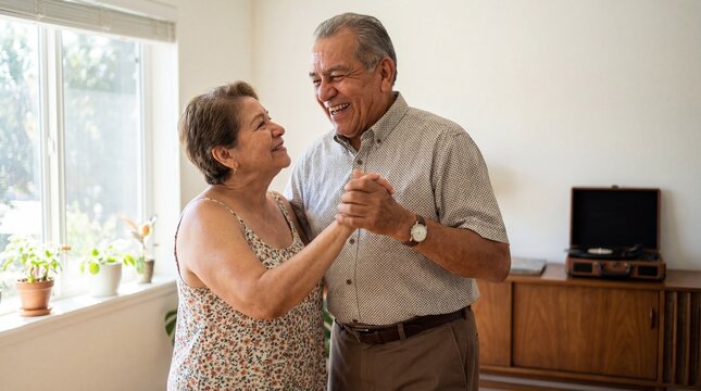 Happy senior Hispanic couple laughing affectionately while slow dancing together in their bright sunlit living room at home.