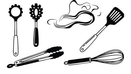 A set of kitchen utensils in silhouette on transparent background