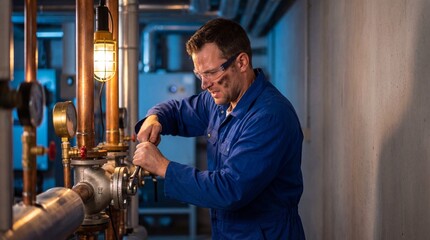 Focused male technician in blue coveralls tightening industrial pipe valve with wrench in mechanical room with copper pipes and warm lighting