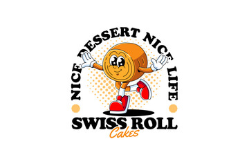 Swiss roll cake retro cartoon character mascot illustration with dancing pose for cafes and pastry branding and merchandise. Sponge cake, Sweet rolled cake