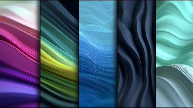 A collection of five colorful abstract background panels with wavy patterns in shades of purple, green, blue, black, and teal.