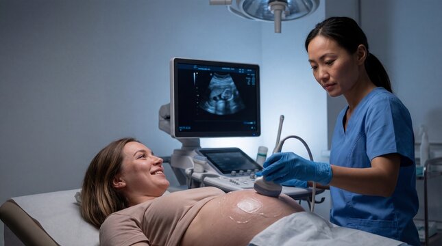 Professional Asian sonographer in blue scrubs performing ultrasound checkup on happy pregnant woman lying on bed in dim modern medical clinic room
