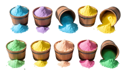 Colorful powder in wooden buckets isolated on transparent background