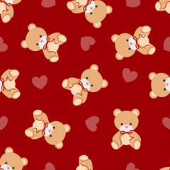 Fototapeta premium Seamless Valentine pattern featuring cute teddy bears and hearts on red background. Adorable romantic design for kids, gifts, fabric and wrapping paper