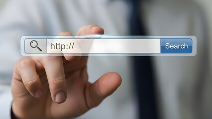 Hand interacting with a futuristic transparent search bar, typing 'http://' for web search, symbolizing digital connectivity, online information access.
