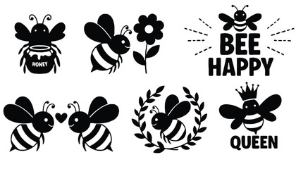 A set of black silhouette bee icons on transparent background