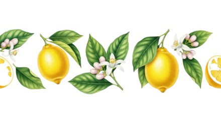 Horizontal border of vibrant yellow ripe lemons, green leaves, white blossoms with pink buds, ultra-realistic watercolor, flat lay on transparent background, refreshing natural citrus concept