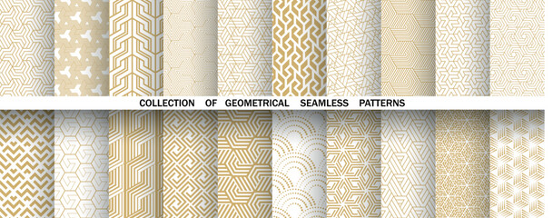 Plakat Geometric set of seamless golden and white patterns. Simple vector graphics