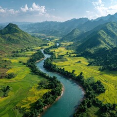 Scenic River Flowing Through Green Valley with Terraced Fields and Distant Mountains