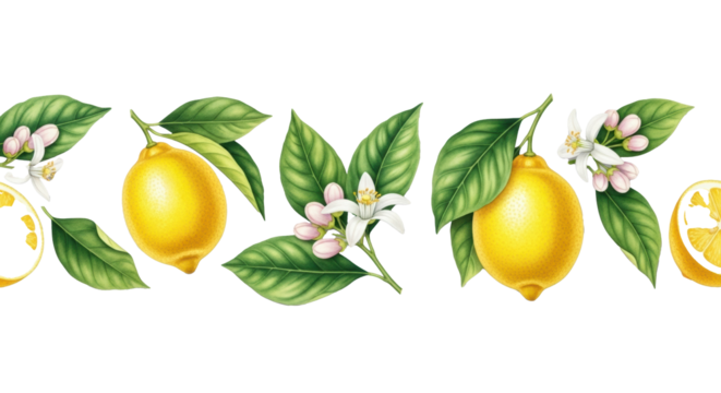 Horizontal border of vibrant yellow ripe lemons, green leaves, white blossoms with pink buds, ultra-realistic watercolor, flat lay on transparent background, refreshing natural citrus concept - Powered by Adobe