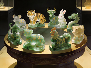 jade zodiac figurines collection in glass museum display