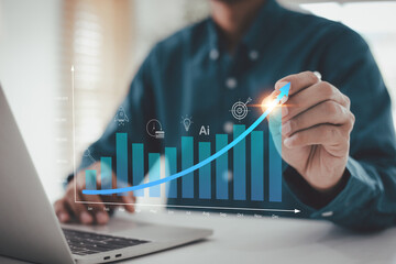 businessman arrow  graph displaying monthly growth, symbolizing successful business startup strategy, AI technology integration, and achieving ambitious target goals.