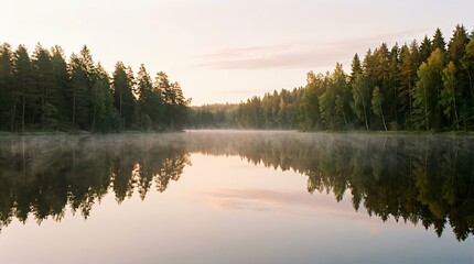 Obraz premium Peaceful lake landscape reflecting surrounding forest and sky, captured in soft natural light with a clean and minimal composition.