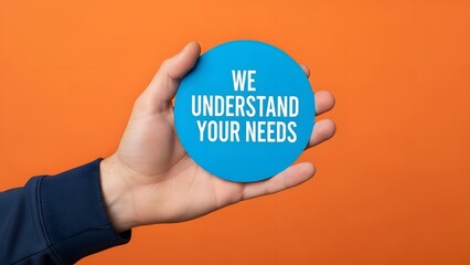 Hand holding a vibrant blue circular sign with 'WE UNDERSTAND YOUR NEEDS' text, against a bright orange background, symbolizing customer-centric service and support.
