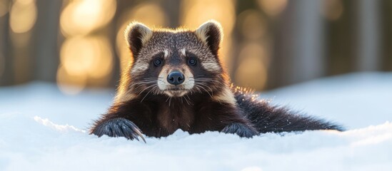 Raccoon in Snow Lying Down Forest Background Animal Portrait