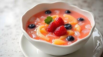 A bowl of fruit soup with various refreshing fruits inside