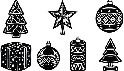 A set of Christmas icons on transparent background including trees and ornaments