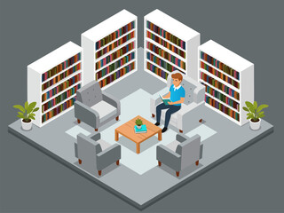Fototapeta premium Isometric vector illustration of a cozy library interior with bookshelves, armchairs, and a person reading a book