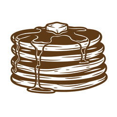 Vintage Brown syrup dripping on a stack of pancakes with butter on top isolated on transparent background