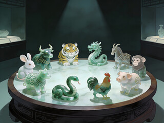 chinese jade animal carvings arranged on round tabletop exhibit