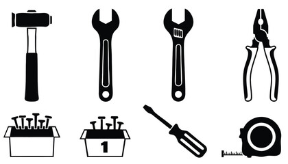 A set of black and white tools on transparent background