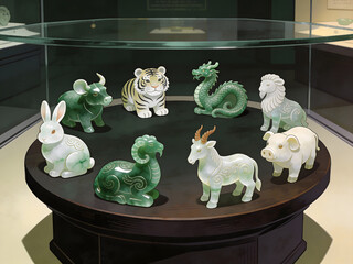 traditional chinese zodiac jade sculptures showcased in display case