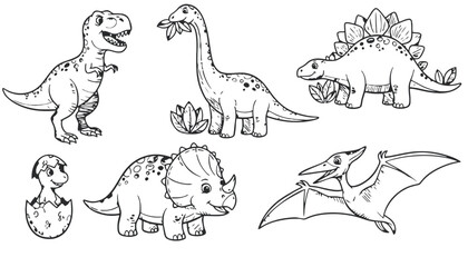 A set of cartoon dinosaurs and a pterodactyl on transparent background