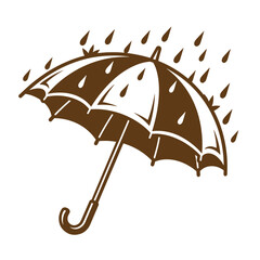 Vintage Brown umbrella with raindrops falling on it from the top isolated on white background