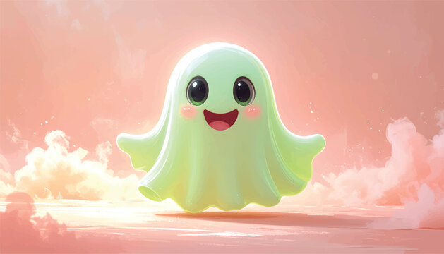 Adorable Cartoon Ghost with a Cheerful Expression on Pink Background.