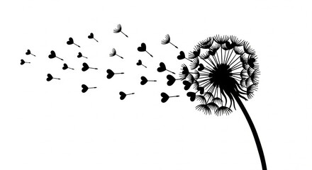 A black and white dandelion flower dispersing seeds in the wind