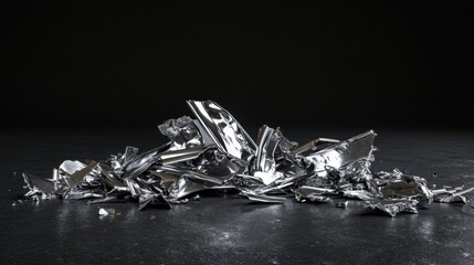 Abstract pile of sharp, twisted metallic fragments with reflective surfaces against a dark background