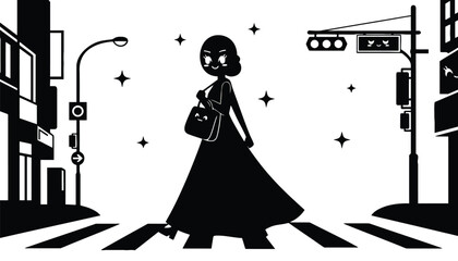 A woman in silhouette walking across a city street at night