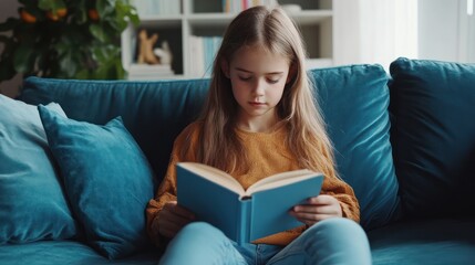 Girl engrossed in book on teal couch