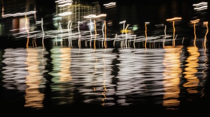 Abstract reflections of city lights shimmering on dark water at night with light trails and motion blur creating a vibrant urban scene