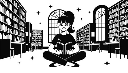 A young girl sitting cross-legged on the floor of a library reading a book