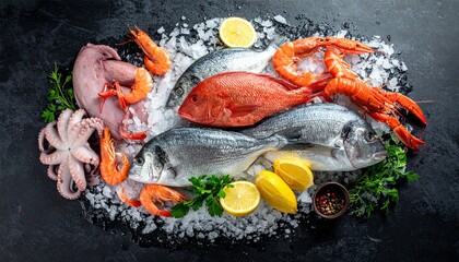 Top View of Assorted Fresh Seafood on Ice at Luxury Fish Market
