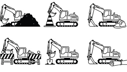 A set of excavator illustrations in various construction and excavation scenarios on transparent background