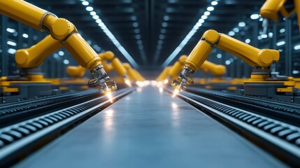 An automated factory floor with a fleet of synchronized robotic arms working on a production line, motion blur capturing their speed and efficiency, industrial lighting, wide-angle shot. 