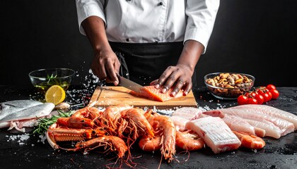 Professional Chef Preparing Fresh Seafood in a Dark Cinematic Kitchen