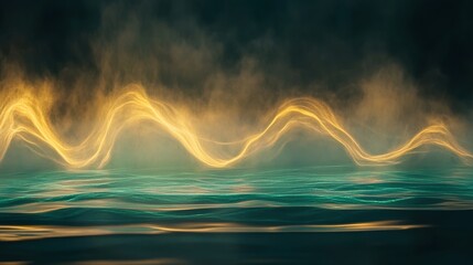 Abstract representation of converging golden energy streams over the ocean surface with atmospheric mist