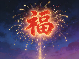 chinese fu symbol fireworks celebration background for lunar new year prosperity