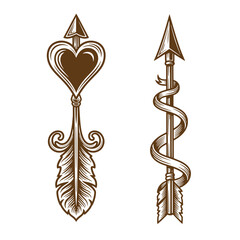 Vintage Two brown and white illustrations of arrows one with a heart shaped head and the other with a snake wrapped around the shaft