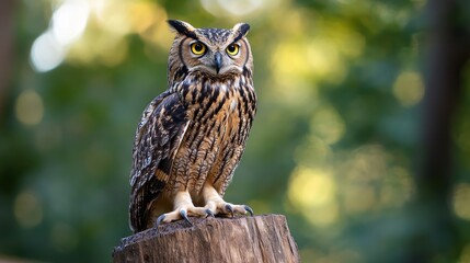Owl perched on stump, focused gaze
